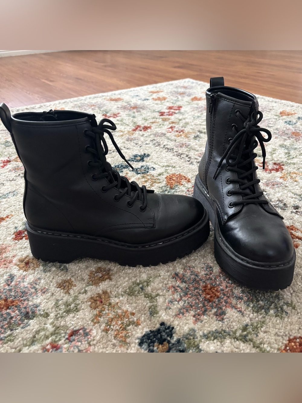 Women's Black Lace-Up Platform Combat Boots with Zipper